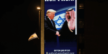 بإسرائيل.. رفع صور محمد بن سلمان وترامب.. وهذا ما كتب عليها : التاريخ لن ينتظر !