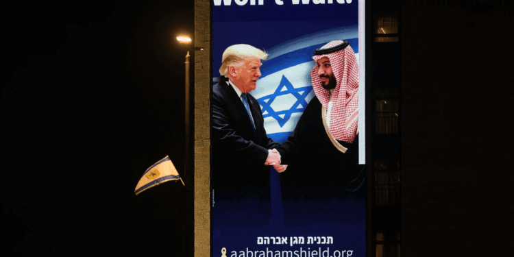 بإسرائيل.. رفع صور محمد بن سلمان وترامب.. وهذا ما كتب عليها : التاريخ لن ينتظر !